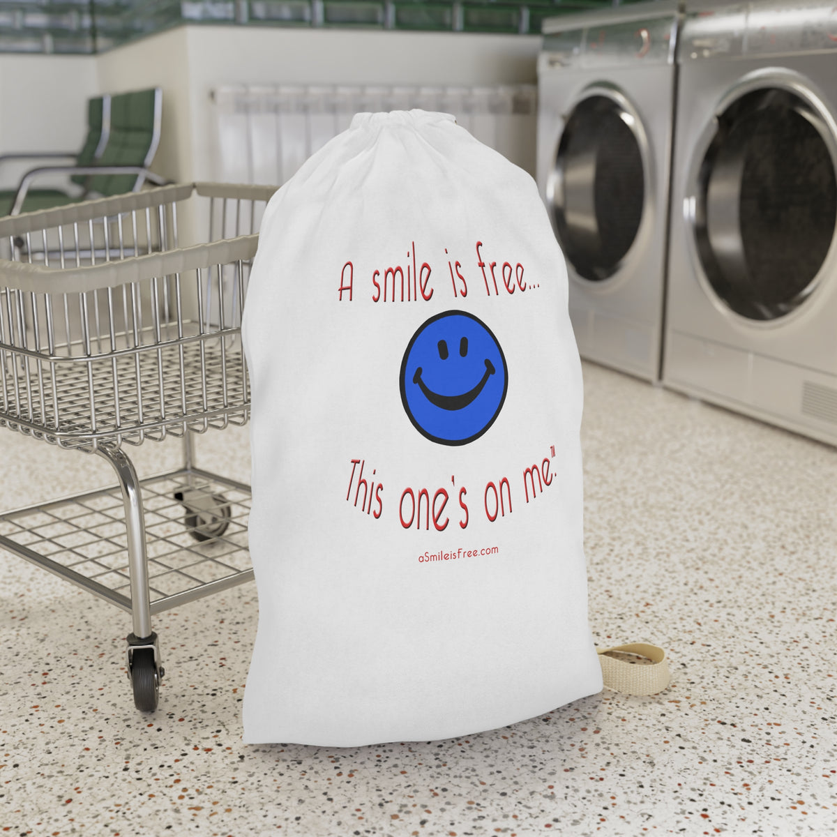 A Smile Is Free Laundry Bag — Cute Smiley Drawstring Hamper for Dorms & Travel