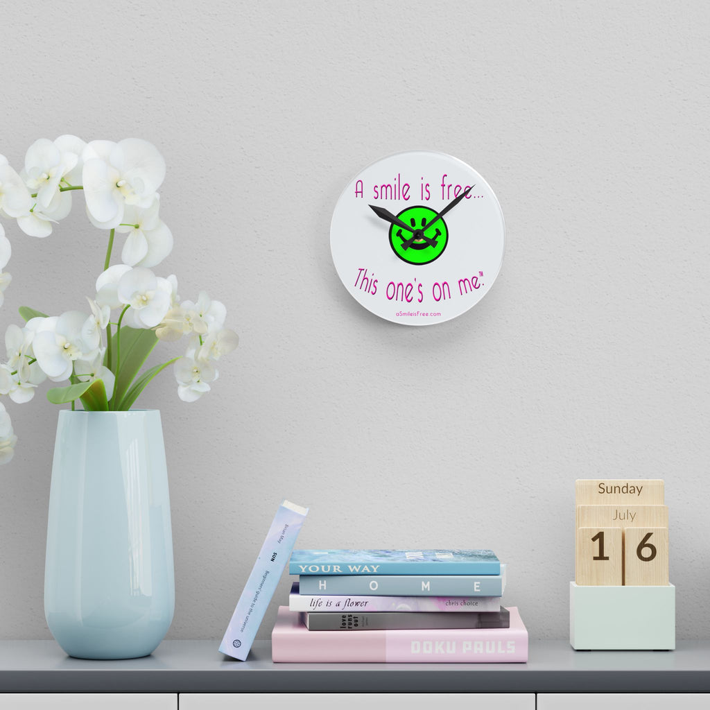 Acrylic Wall Clock — “A smile is free… This one's on me.” Neon Smile Face Decorative Clock