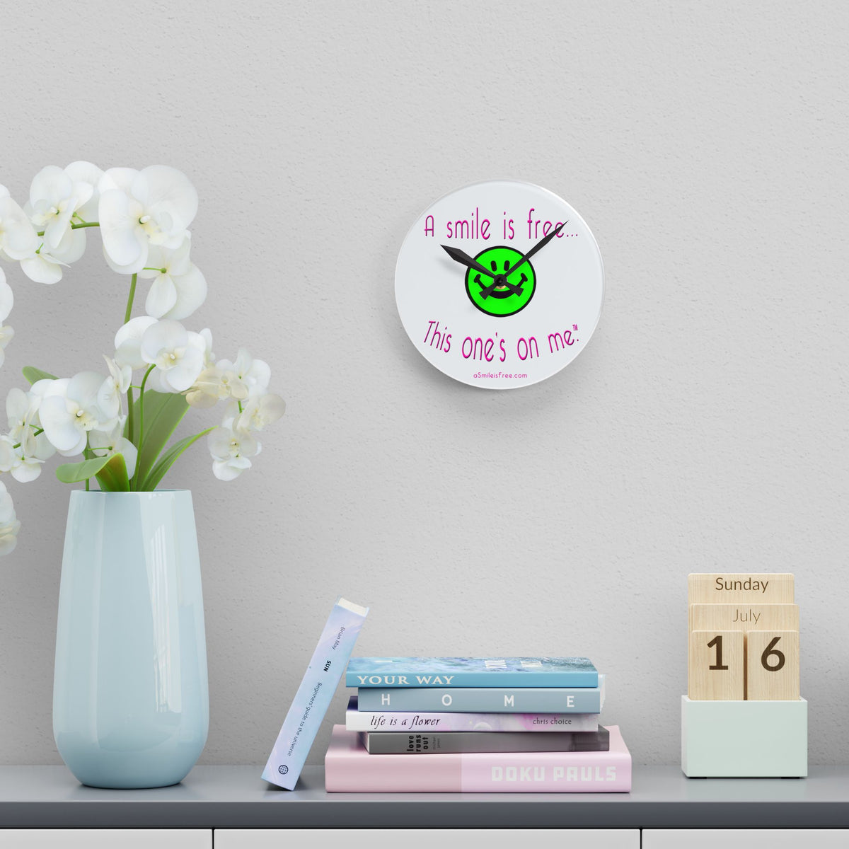 Acrylic Wall Clock — “A smile is free… This one's on me.” Neon Smile Face Decorative Clock