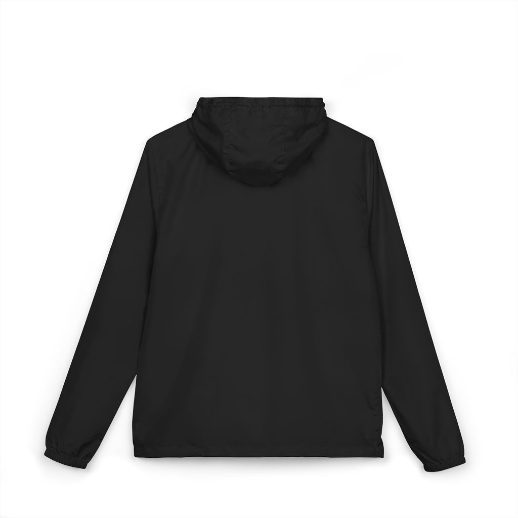 Black full-zip windbreaker jacket back view