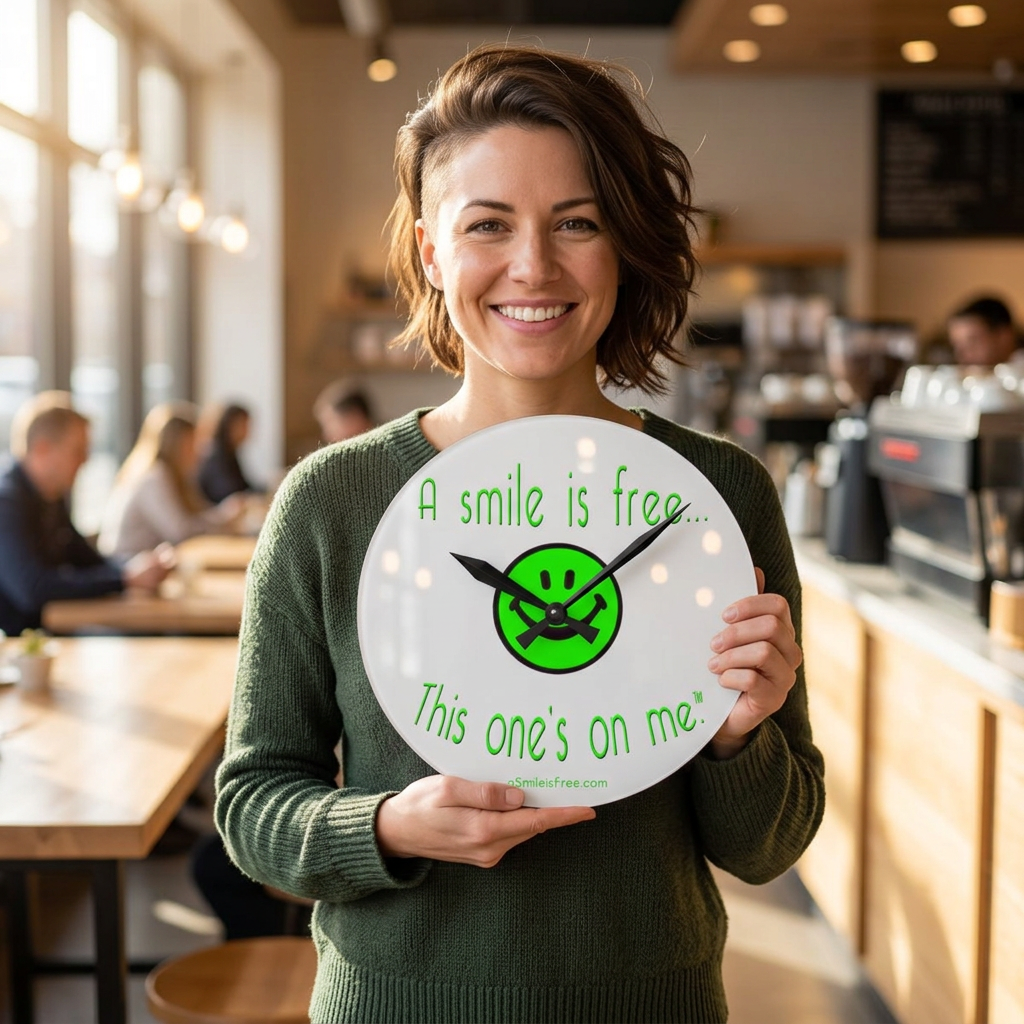 Acrylic Wall Clock — Green Smiley "A smile is free... This one's on me." Funny Decorative Clock