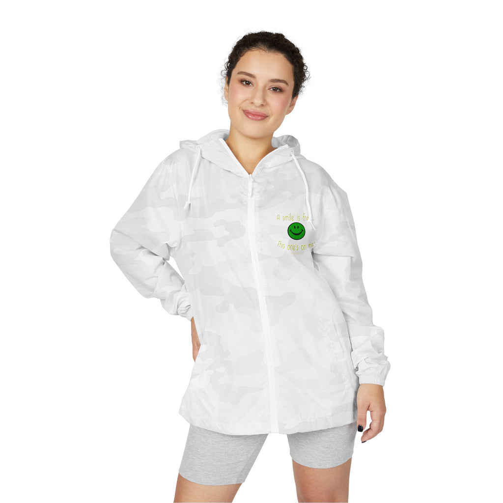 Model wearing white full-zip windbreaker jacket
