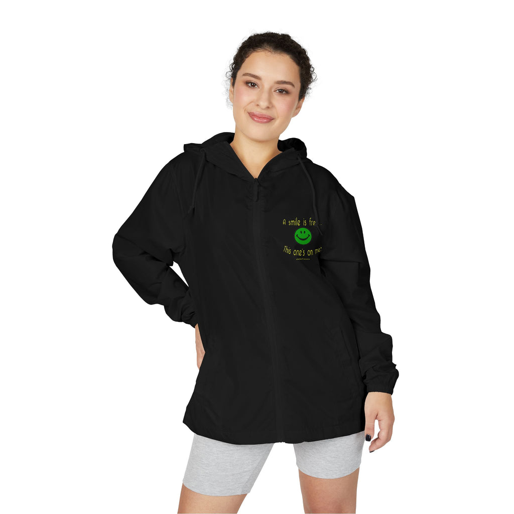 Model wearing black full-zip windbreaker jacket