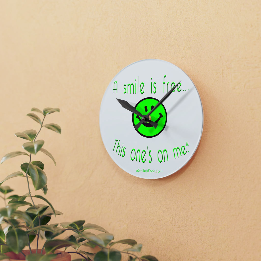 Acrylic Wall Clock — Green Smiley "A smile is free... This one's on me." Funny Decorative Clock