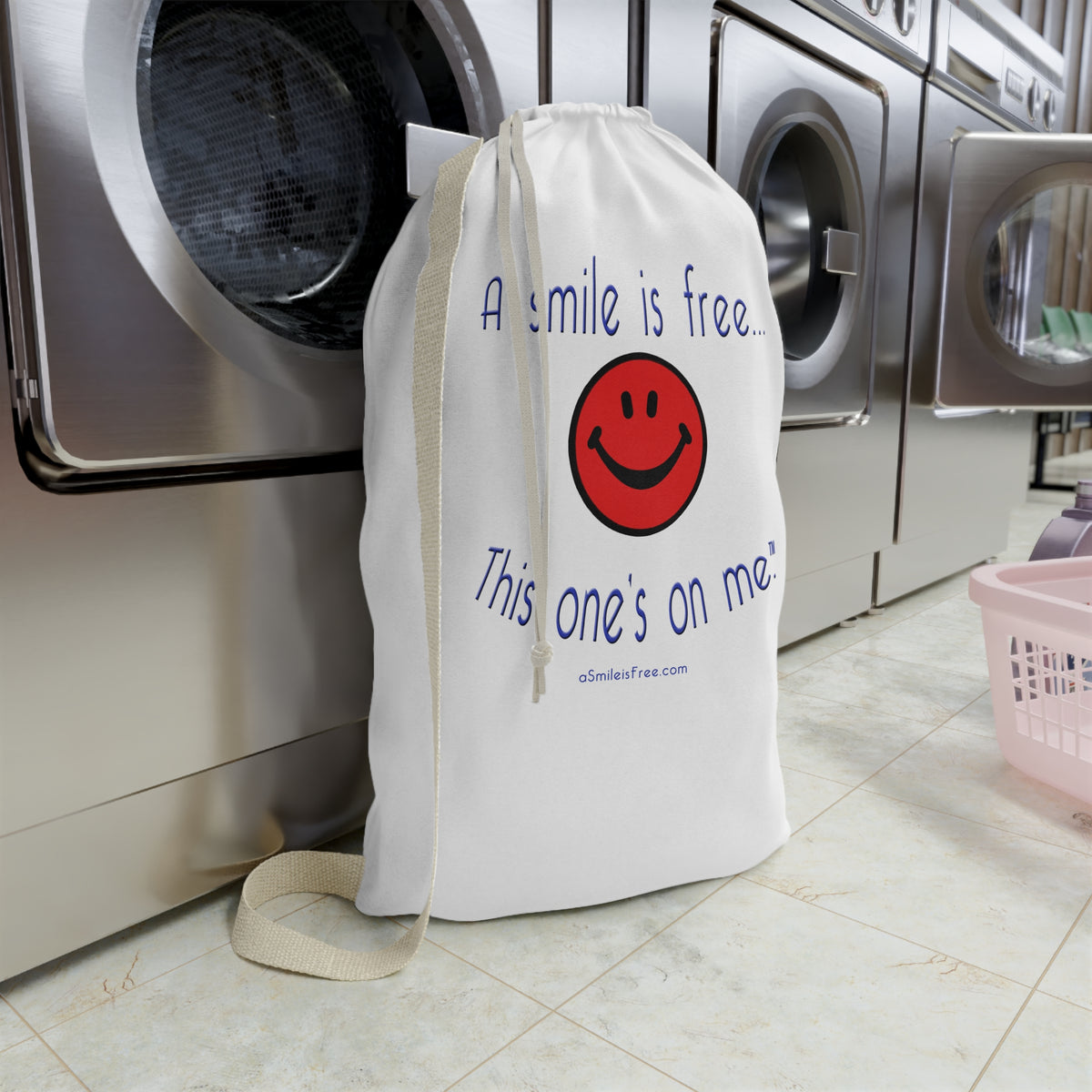 A Smile Is Free Laundry Bag — Cute Smiley Drawstring Hamper for Dorms & Travel