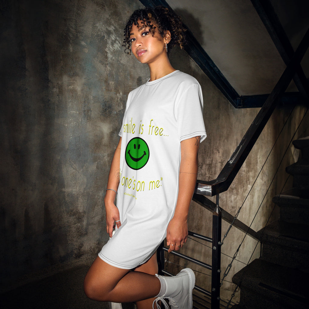 Close-up of t-shirt dress with smiley print